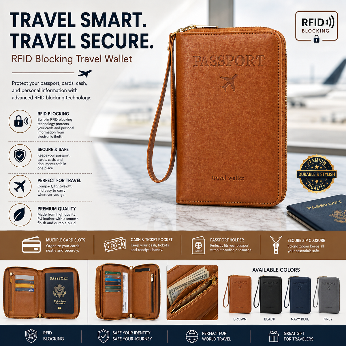 RFID Blocking Premium Leather Travel Wallet